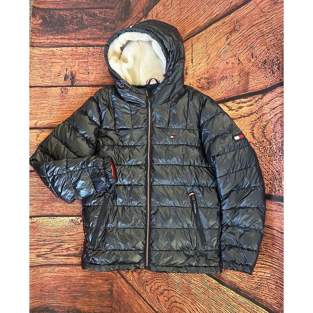 Tommy‎ Hilfiger Wet Look Blue Zip Front Insulated Hooded Puffer Jacket Mens